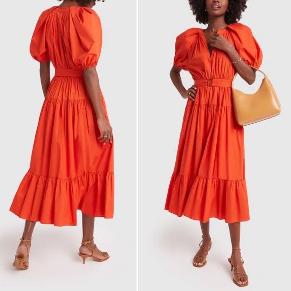 ULLA JOHNSON Orange Red 100% Cotton Puff-Sleeve Midi Belted Dress sz 2 NWT